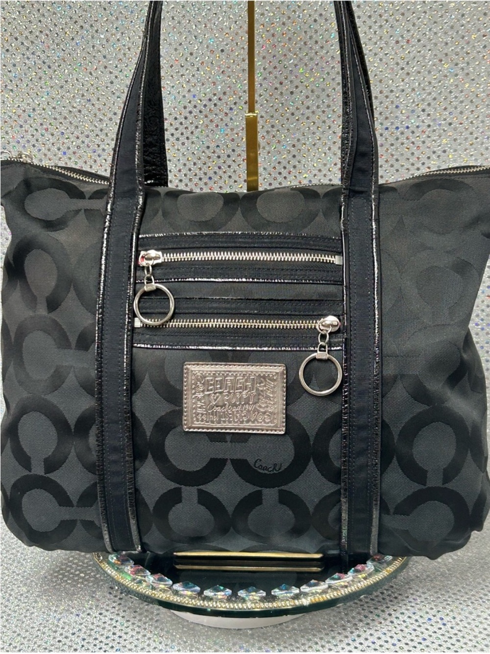 Coach Poppy Op Art Glam Tote Black Signature Jacquard Leather Trim 13826 G0920